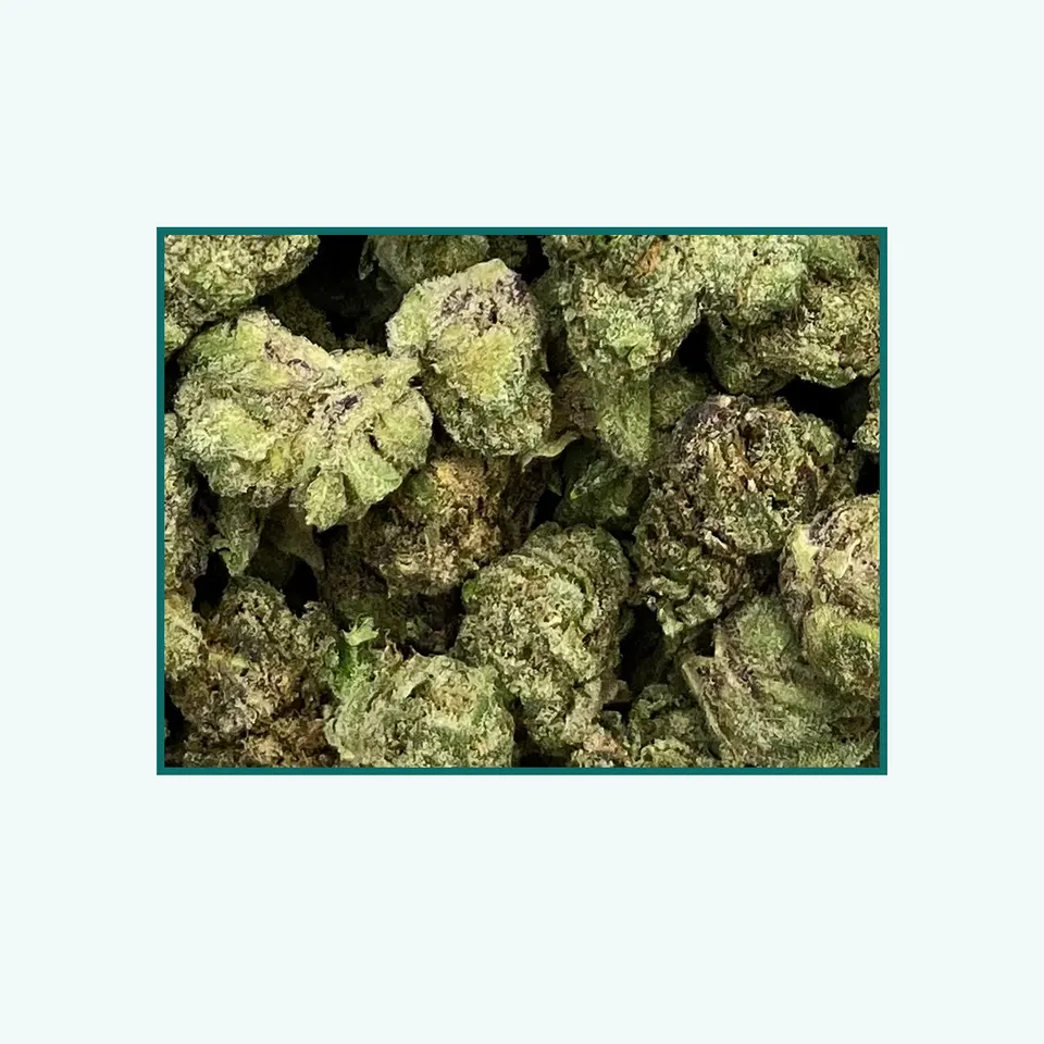 LFG greenhouse hemp THCA flower, close specimen view of the lot